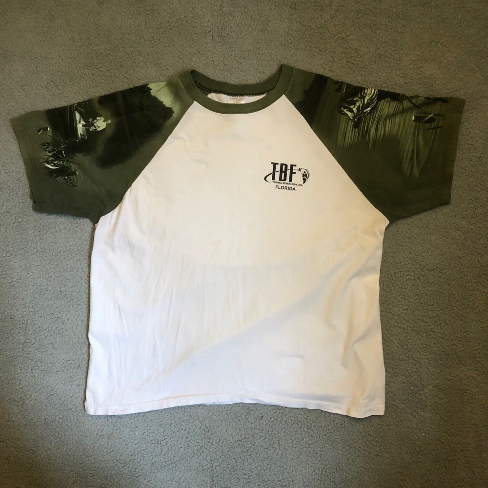 VTG Florida Bass Federation Fishing T-Shirt XL White Olive Raglan USA Sleeve Hit
